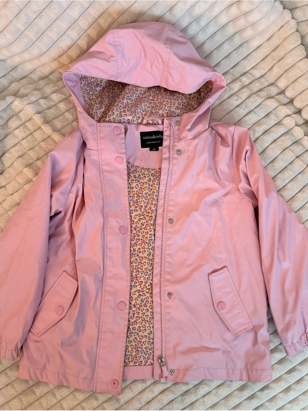 Rokka&Rolla Girls' Pink Hooded Raincoat with Leopard-Print Lining (8-9)